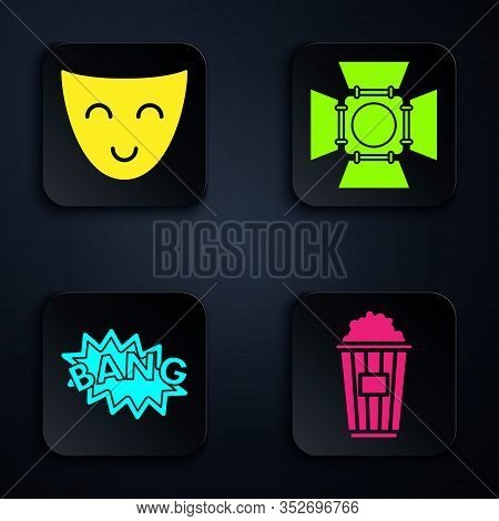 Set Popcorn In Cardboard Box , Comedy Theatrical Mask , Bang Boom Text Speech Bubble Balloon And Mov