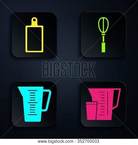 Set Measuring Cup, Cutting Board , Measuring Cup And Kitchen Whisk . Black Square Button. Vector