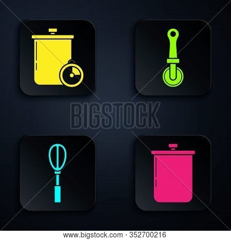 Set Cooking Pot , Cooking Pot And Kitchen Timer , Kitchen Whisk And Pizza Knife . Black Square Butto