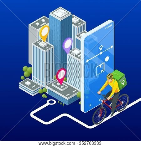 Isometric Bicycle Courier, Express Delivery Service. Courier On Bicycle With Parcel Box On The Back 