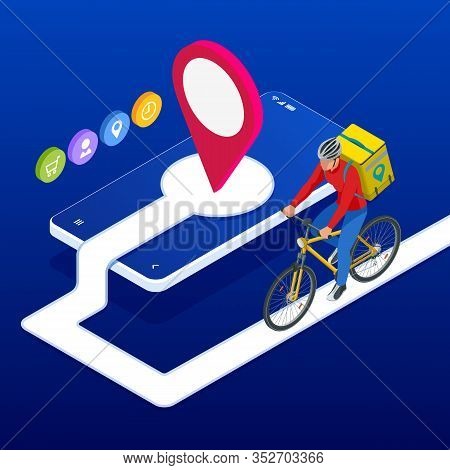 Isometric Bicycle Courier, Express Delivery Service. Courier On Bicycle With Parcel Box On The Back 