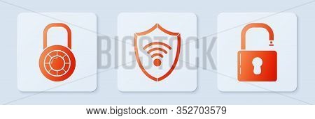 Set Shield With Wifi Wireless Internet Network, Safe Combination Lock Wheel And Open Padlock . White