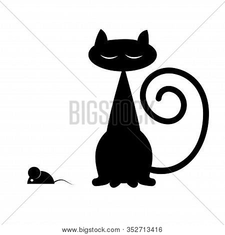 Stylized Sitting Black Cat Fas And Mouse Profile . Black And White Image On A White Isolated Backgro