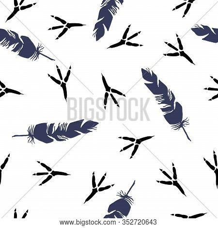 Seamless Pattern With Footprint Of A Bird And Bird Feathers. Vector Seamless Background With A Patte