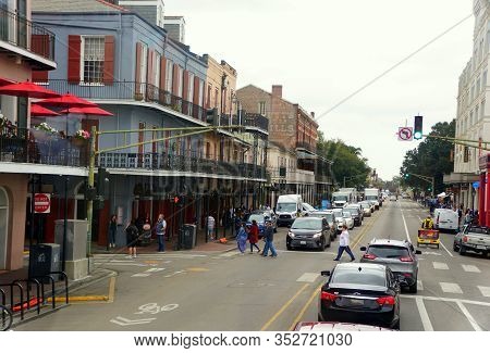 New Orleans, Louisiana, U.s.a - February 7, 2020 -the View Of The Traffic And Buildings On Decatur S