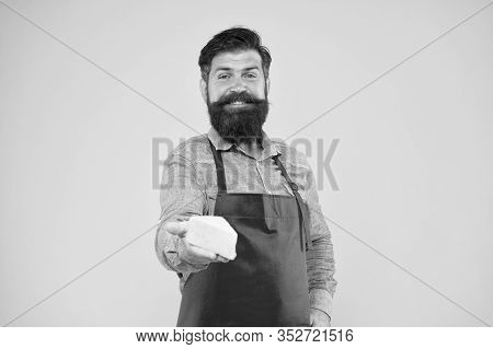 Quality Cheese Production. Happy Bearded Man Give Taste Cheese. Cheesemaking Concept. Cheese Maker O