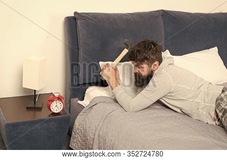 Irritated Guy Destroy Annoying Clock. Sleep Longer. Health Care Concept. Although You Sleep You May 