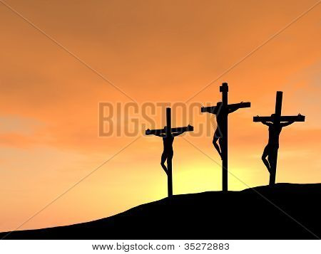 Jeesus ristillä auringonlaskun