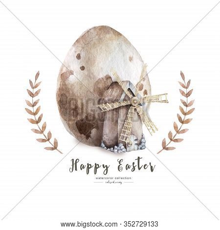 Watercolor Happy Easter. Colored Egg With Windmill And Spring Floral, Isolated On A White Background