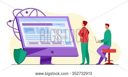 Developers Testing Software. Man With Laptops Watching Infographics, Fixing Bugs, Using Computer. Ve
