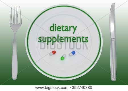 3d Illustration Of Three Dietary Supplement Capsules And Title On A White Plate, Along With Silver K