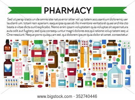Drug Store Or Pharmacy Banner, Medicines And Pills Or Medicaments