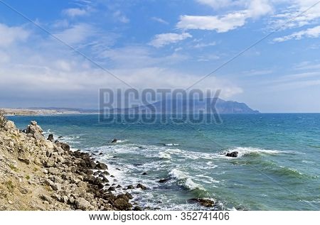 Crimea. Clouds And Haze Over Kapsel Bay. View From Cape Alchak Towards Cape Meganom.