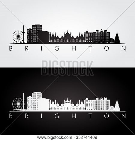 Brighton Skyline And Landmarks Silhouette, Black And White Design, Vector Illustration.
