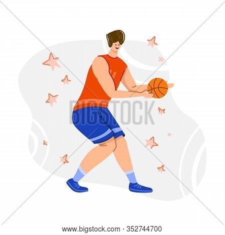 Basketball Player With Ball On Playground, Young Muscular Man In Uniform Playing Match, Guy Jumping 