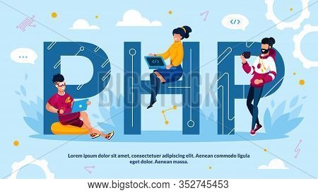 Php Programming Language And Software Development Advertisement. Capital Letter And Tiny Man Woman P