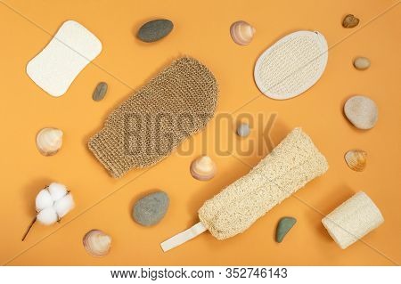Set Of Eco-friendly Sponges For Body Care On The Yellow Background. Zero Waste Concept For Self-care
