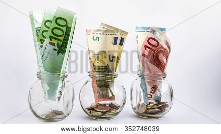 Glass Jars Filled With Coins And Euro Bills, Savings, Money, Ank Money, Crisis, Cash, Banknotes, Coi