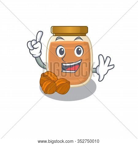 Mascot Cartoon Concept Walnut Butter In One Finger Gesture