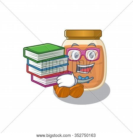 Mascot Cartoon Of Walnut Butter Studying With Book