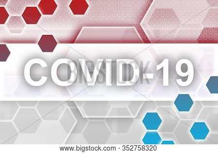 Indonesia Flag And Futuristic Digital Abstract Composition With Covid-19 Inscription. Coronavirus Ou