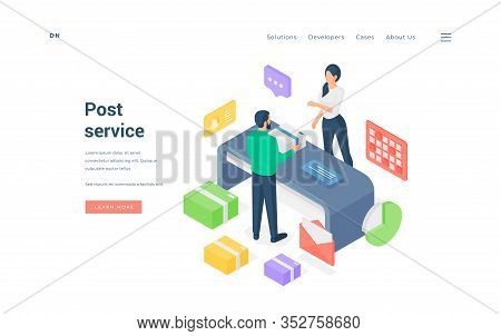 Man And Woman In Post Office. Isometric Vector Illustration