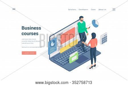 People Attending Business Courses In Internet. Isometric Vector Illustration