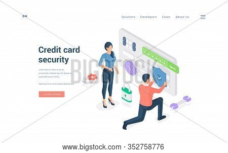 People With Protected Credit Card. Isometric Vector Illustration
