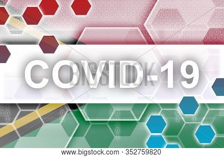 Vanuatu Flag And Futuristic Digital Abstract Composition With Covid-19 Inscription. Coronavirus Outb