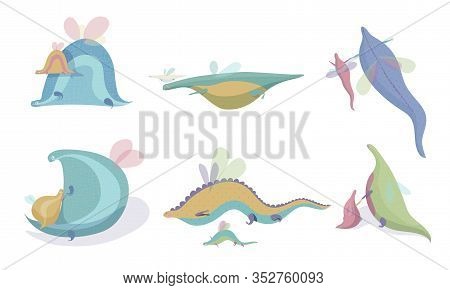 Fairy Dragons With Small Wings Playing With Their Cubs Vector Set