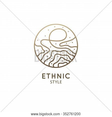 Abstract Logo Template In Linear Style. Vector Round Icon Of Sea Landscape With Waves. Outline Ornam