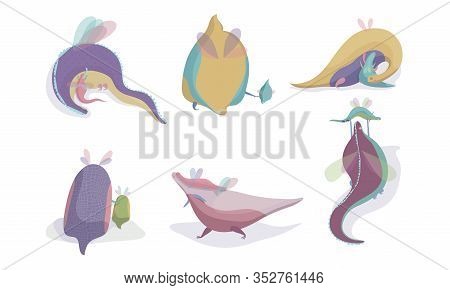 Fairy Dragons With Small Wings Playing With Their Cubs Vector Set