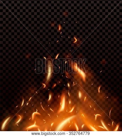 Red Fire Sparks Vector Flying Up. Burning Glowing Particles. Flame Of Fire With Sparks In The Air Is