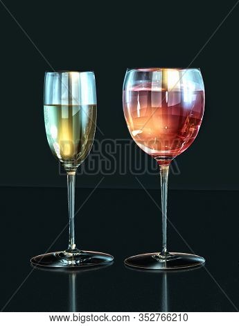 3d Illustration White Wine, Red Wine Glasses On Dark Room Backgroun