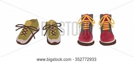 Two Pair Of Colorful Autumn Shoes Hand Drawn In Watercolor Style Isolated On White. Cartoon Sneakers