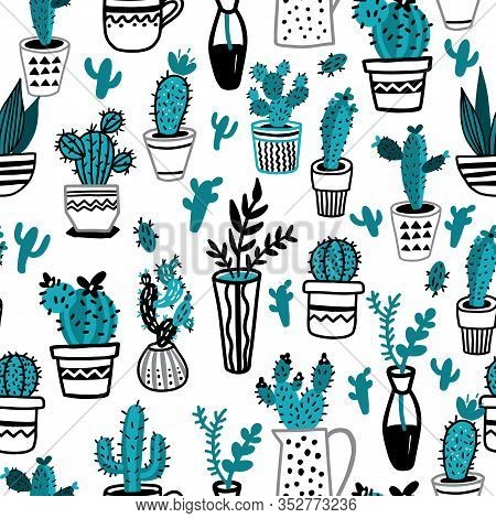 Illustration Of Willow Branches In Vase Isolated On A White Background. Seamless Surface Pattern.