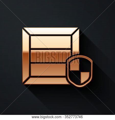 Gold Delivery Pack Security With Shield Icon Isolated On Black Background. Delivery Insurance. Insur