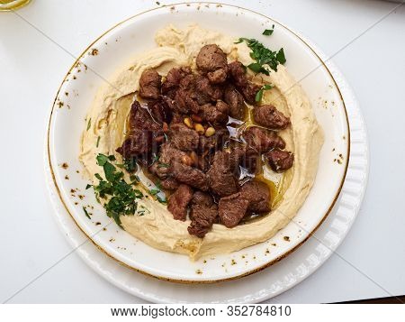 Freshly Made Classical Typical Hummus With Lamb Meat  Middle East Arabic Food
