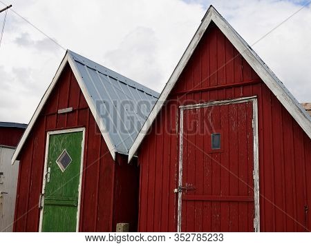 Beautiful Red Fishing Huts On The Coast Faaborg Denmark