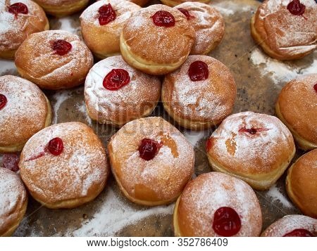 Traditional Classical Chanukah Jewish Holiday Food  Sufganiot Donuts Stuffed With Jam And Powdered S