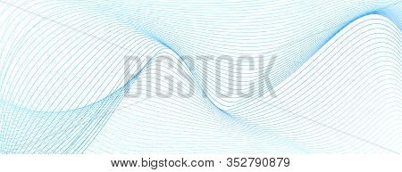 Thin Light Blue Undulating Curves On White. Colored Industrial Line Art Pattern. Radio, Sound Waves 