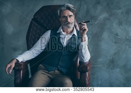 Portrait Of Rich Wealthy Success Elegant Stunning Old Man Mafiosi Leader Sit Armchair Hold Cigar Loo