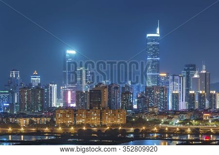 Shenzhen, Tower, Chinese, View, Futian, Business, Landmark, Panoramic, Night, Location, Skyline, Eve