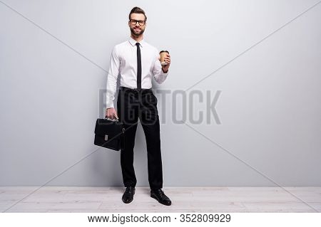 Full Size Photo Positive Cool Smart Freelancer Promoter Man Hold Cafeine Beverage Mug Hold Modern Ha
