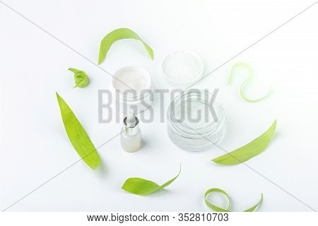 Natural Organic Homemade Cosmetics Concept. Skin Care, Remedy And Beauty Products: Containers With C