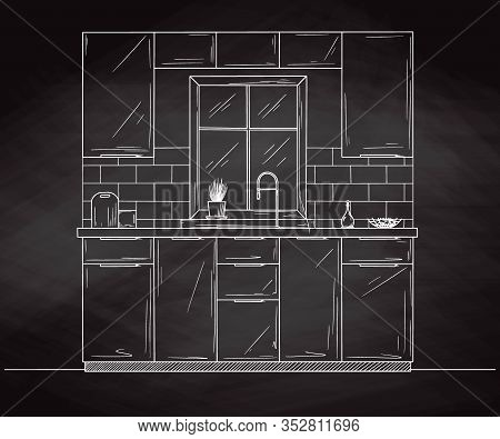 Kitchen Interier. Kitchen Furniture With A Window Opposite The Sink. Vector Illustration