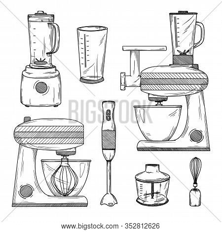 Large Set Of Various Blenders And Kitchen Robot. Vector Illustration