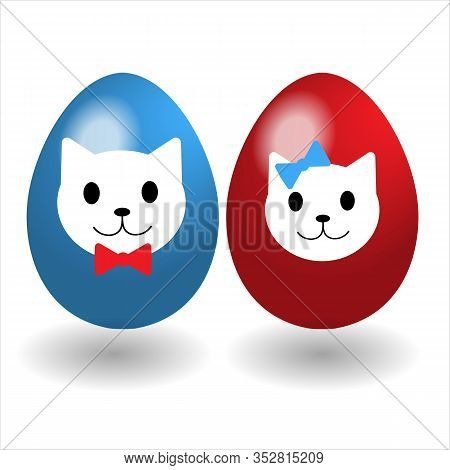 Easter Eggs With Cat Face. Varicoloured Easter Egg Isolated On White Background.