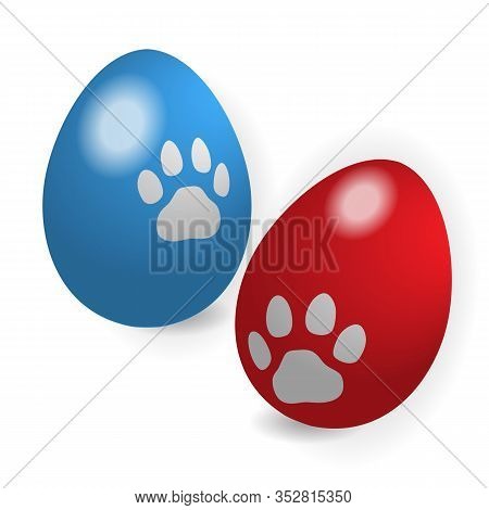 Easter Eggs With Cat Footprints. Varicoloured Easter Egg Isolated On White Background.
