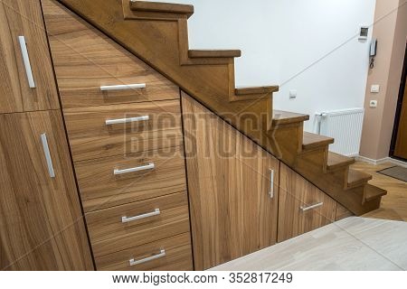 Modern Architecture Interior With Luxury Hallway With Glossy Wooden Stairs In Multi-storey House. Cu